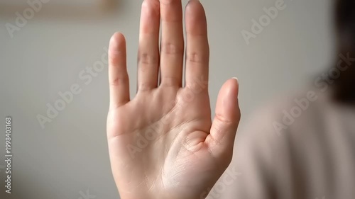Woman shows her left palm forward.