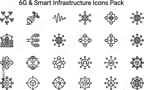 A visually appealing pack of minimalist outline vector icons for 6G technology, smart infrastructure, and advanced global communication networks.