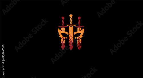 flaming triple sword logo fantasy warrior emblem design