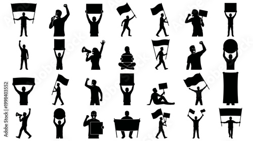 Collection of silhouette figures protesting and demonstrating with banners and megaphones