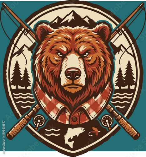 Grizzly bear illustration with fishing gear and mountain scenery.