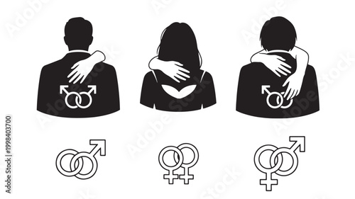 Woman and man hands-on-hip wearing face icons set with gender symbols, vector style for identity and profile design featuring male icon, female icon,
