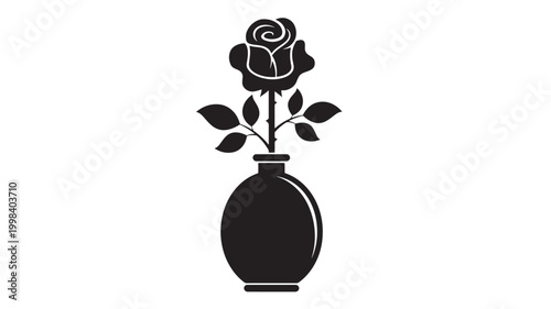 Vase flower logo icon with single black rose silhouette and leaves, minimalist premium emblem for branding and design featuring botanical, floral