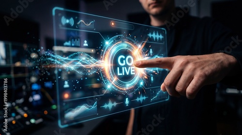 A hand pressing a virtual button that says Go Live, highlighting a modern digital interface with holographic elements