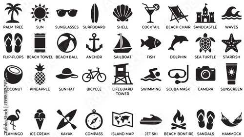 Beach icons feature a summer-themed grid of black silhouettes representing seaside activities, tropical vacation essentials, and marine wildlife for holiday design projects.