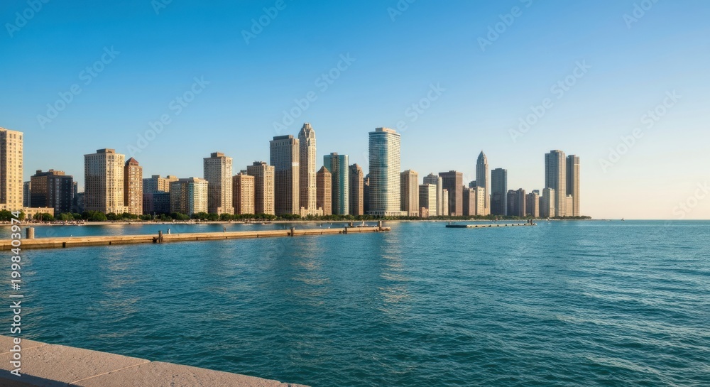 Fototapeta premium City skyline meets water, sunny day, featuring tall buildings and clear sky