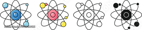 Atom Icon Set in Colorful and Black Outline Flat Design Featuring Nucleus and Orbiting Electrons for Science Technology and Education Concept Vector Illustration