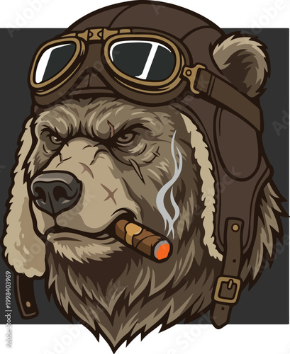 Illustration of a tough bear pilot wearing leather aviator cap and goggles with a cigar.