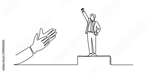 Businessman standing on podium with hand clapping