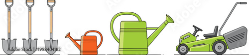 Gardening equipment set with shovels watering cans and lawn mower, outdoor garden maintenance tools illustration for landscaping design
