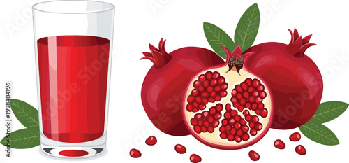 Pomegranate fruit with juice glass and seeds, fresh organic healthy food illustration for nutrition and beverage design