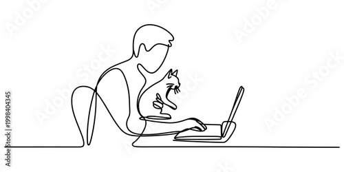 Continuous line drawing of a person with cat using laptop