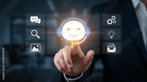Business professional touching digital holographic interface displaying customer service assistance and support icons for improved client interaction and satisfaction