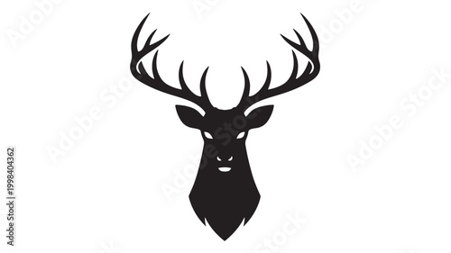 Deer head logo icon with black antlers silhouette for hunting club branding and nature themed design backgrounds featuring hunter, wildlife, emblem