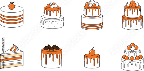 Cake collection set with layered desserts dripping icing and fruit toppings, bakery pastry illustration for sweet menu design