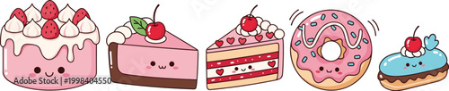 Cute kawaii dessert cakes and donuts set with strawberries icing and sweets, colorful bakery illustration collection for kids design
