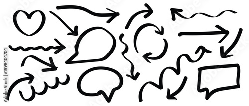 Collection of hand drawn doodle speech bubbles and thought balloons in various unique shapes for dialogue