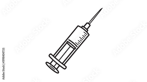 Syringe medical injection icon with needle, thin line vector style, and clean white background for healthcare design featuring vaccination, vaccine,