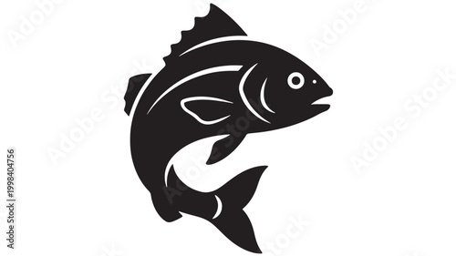 Fish marine icon with bold black silhouette and white waves outline, premium emblem for seafood branding and fishing logos