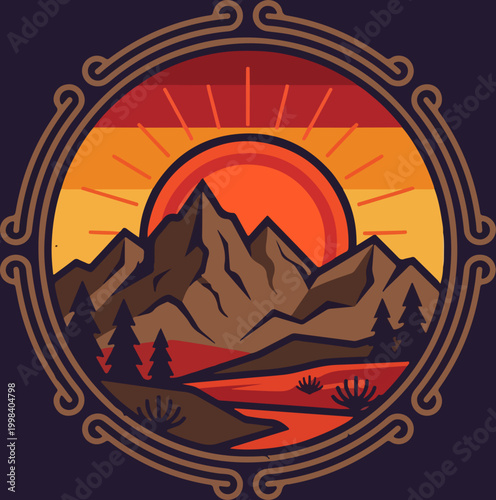Mountain landscape illustration with sunset and circular frame.