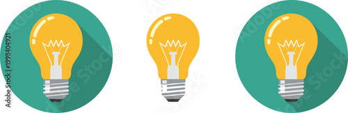 Yellow Light Bulb Icon Set Vector Illustration with Teal Green Circle Background and Long Shadow in Modern Flat Style on White Background