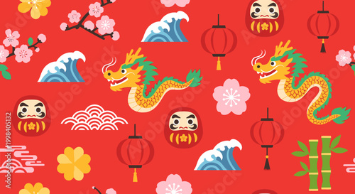 Seamless Pattern with Chinese Dragon, Daruma Dolls, Lanterns and Waves on Red Background