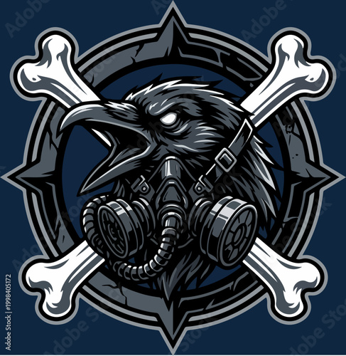 Post apocalyptic raven head with gas mask and crossbones emblem.