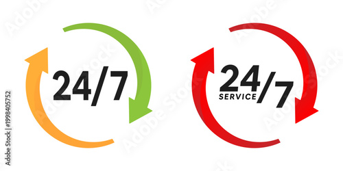 24 7 service icon set design. Available, help, circle arrows, continuous operation, helpline, and customer support. Vector illustration transparent background