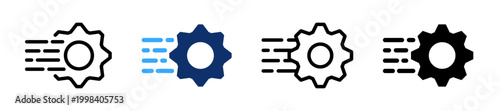 Settings gear icon set with motion lines for fast performance and system optimization. Gear, cog, and automation speed solid icon collection. Transparent PNG and vector icons