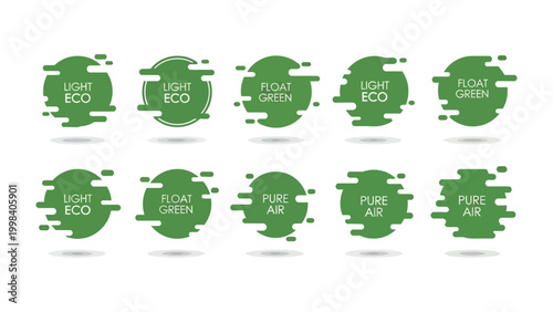 Eco-Friendly Design Badges: An eye-catching graphic composition showcasing ten circular design badges, each highlighting keywords that emphasize eco-consciousness.