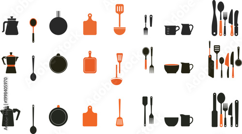 Kitchen utensil icons set, cookware tools collection, coffee pots, cups, cutlery, modern flat orange and black design – vector illustration