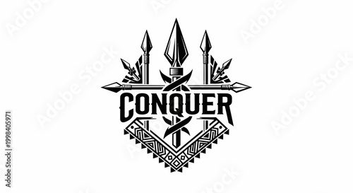 Conquer logo with spear and tribal elements.
