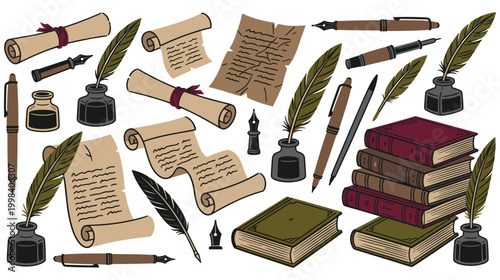 Vintage writing tools quill pens inkwells scrolls and books for creative writing.