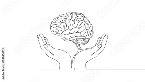 Brain icon with line art hands holding and protecting a human mind concept for premium medical education and wellness featuring protection,