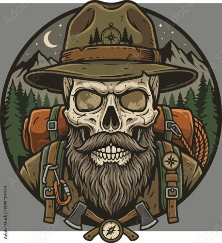 Vintage Outdoor Adventurer Skull Illustration with Hiking Gear.