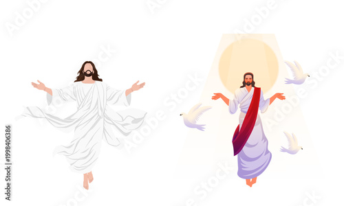 Jesus Christ ascension vector set, holy savior with outstretched arms and white doves, religious christian illustration for easter and worship