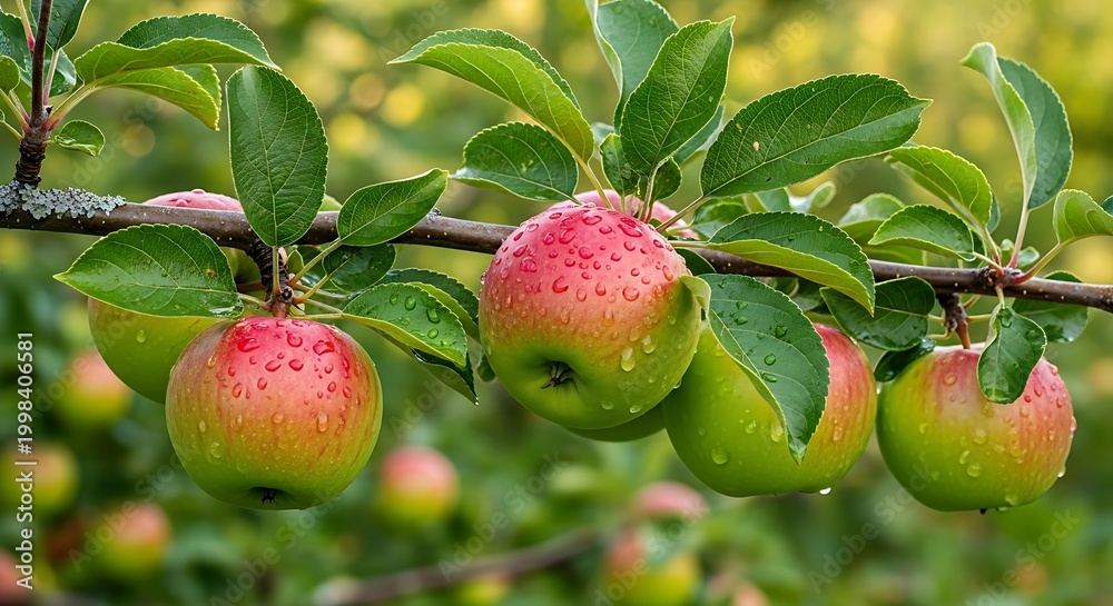Obraz premium Fresh apples on a tree branch water droplets natural orchard background sunlight soft focus.