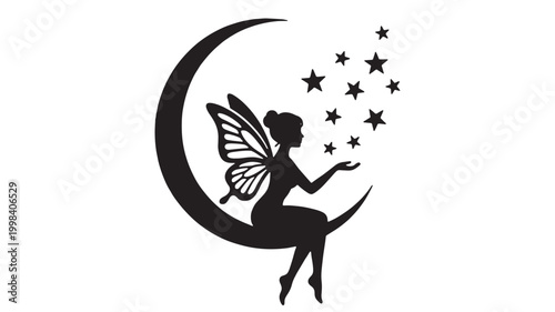 Fairy moon silhouette with black crescent shape, flying wings, and twinkling star icons in magical night style featuring stars, twinkle, magic with