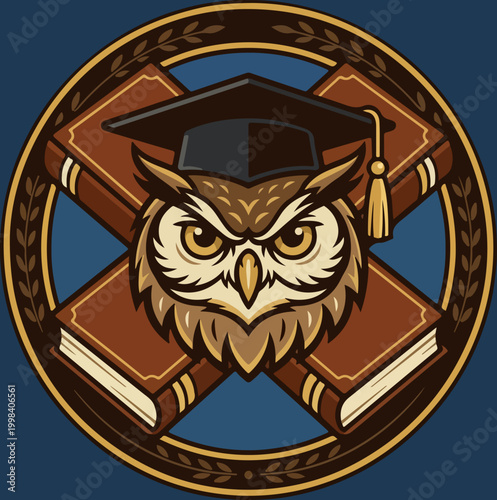 Wise owl wearing graduation cap with books emblem design.