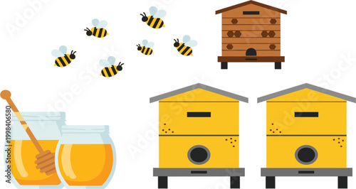 Beekeeping and honey production set with bees hives honey jars and dipper apiary elements vector illustration collection