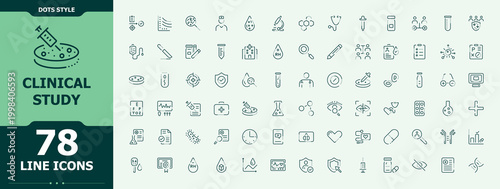 Clinical Study line icon set. Collection for mobile and web apps. Science icon set. Includes thin line symbols chemistry, laboratory, scientist, analysis, science and more.