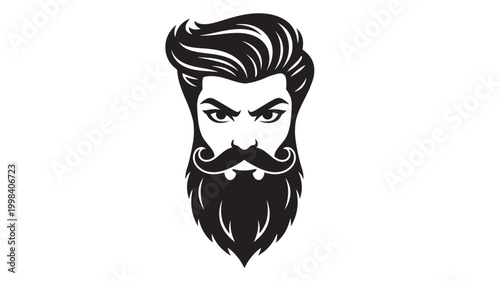 Beard silhouette icon with premium dark shading and a blank label banner for logo or branding use featuring mustache, facial hair, barbershop with