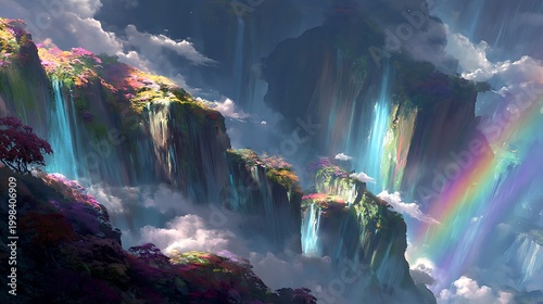 A breathtaking fantasy landscape featuring a rainbow, cascading waterfalls, and lush greenery, set against a dramatic sky.