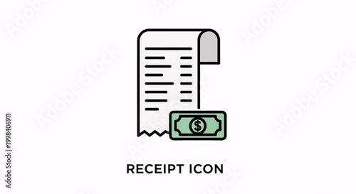 Simple flat icon of a receipt with a dollar bill, representing financial transactions, bills, and payment confirmation.