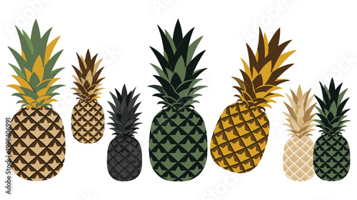 Variety of whole ripe pineapples in different shades and patterns for tropical fruits.