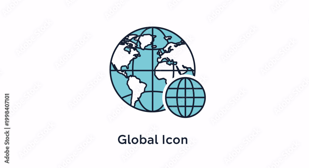 Obraz premium Stylized flat icon of a globe with a smaller globe next to it, symbolizing global connection and international business.