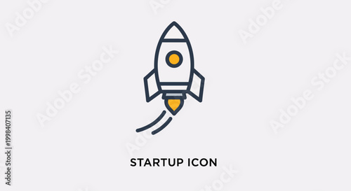 Simple flat design icon of a rocket ship launching with smoke trails, representing startup and business growth.