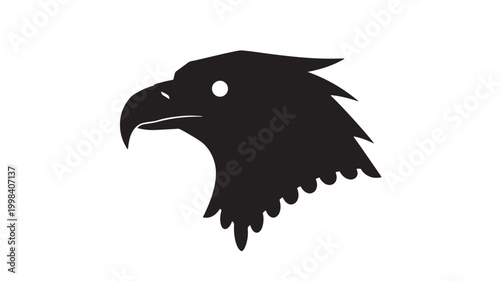 Crow head silhouette icon with sharp beak and jagged feathers, bold black vector style for premium branding designs featuring animal logo, wildlife