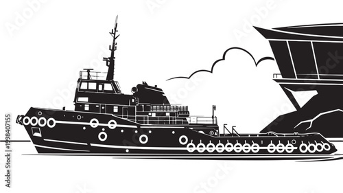 Ship vector illustration of a large military warship with radar mast, windows, and anchor features in black and white featuring navy vessel, aircraft