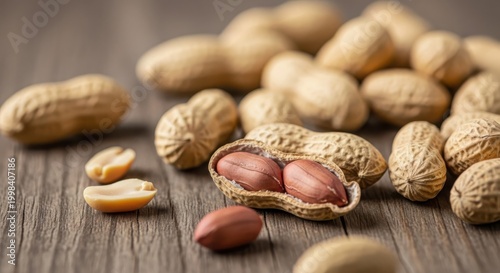 Macro shot of raw peanuts in shells on a dark wooden surface, featuring one cracked shell revealing two red-skinned kernels with a background of blurred unshelled groundnuts.